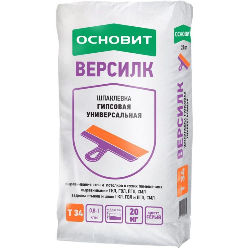 Шпаклевка серая гипсовая ОСНОВИТ ВЕРСИЛК Т-34. мешок 20 кг